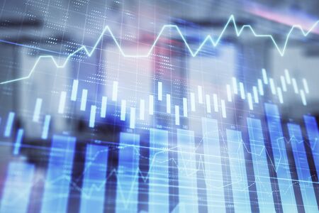 Stock market chart with trading desk bank office interior on background. Double exposure. Concept of financial analysisの写真素材