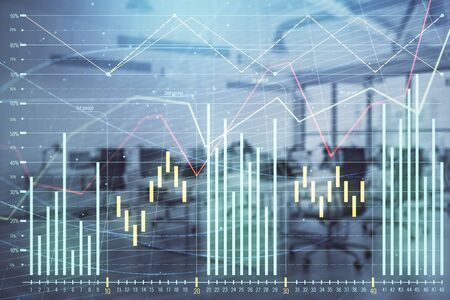 Stock and bond market graph with trading desk bank office interior on background. Multi exposure. Concept of financial analysisの写真素材