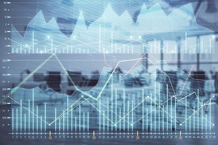 Stock and bond market graph with trading desk bank office interior on background. Multi exposure. Concept of financial analysisの写真素材