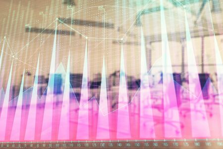 Stock and bond market graph with trading desk bank office interior on background. Multi exposure. Concept of financial analysisの写真素材