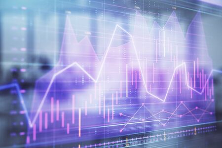 Stock and bond market graph with trading desk bank office interior on background. Multi exposure. Concept of financial analysisの写真素材
