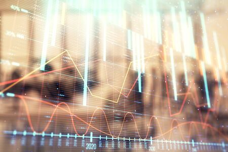 Stock and bond market graph with trading desk bank office interior on background. Multi exposure. Concept of financial analysisの写真素材