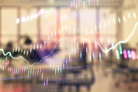 Stock and bond market graph with trading desk bank office interior on background. Multi exposure. Concept of financial analysisの写真素材