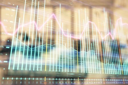Stock and bond market graph with trading desk bank office interior on background. Multi exposure. Concept of financial analysisの写真素材