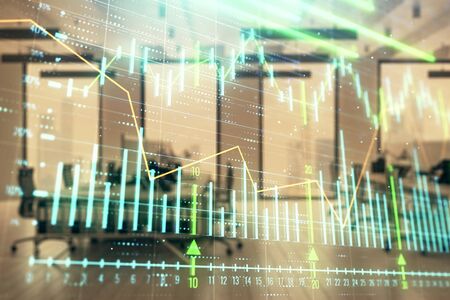 Stock market chart with trading desk bank office interior on background. Double exposure. Concept of financial analysisの写真素材