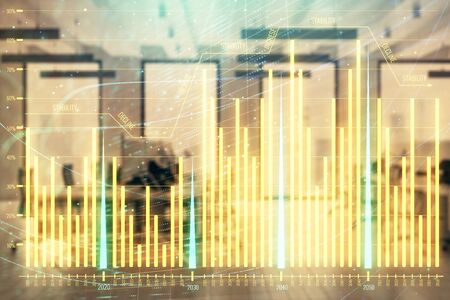 Stock market chart with trading desk bank office interior on background. Double exposure. Concept of financial analysisの写真素材