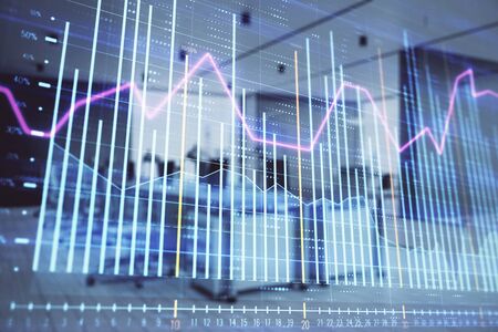 Stock market chart with trading desk bank office interior on background. Double exposure. Concept of financial analysisの写真素材