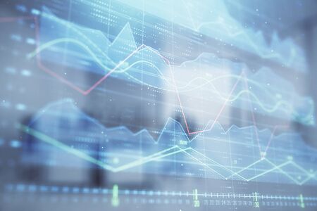 Stock market chart with trading desk bank office interior on background. Double exposure. Concept of financial analysisの写真素材