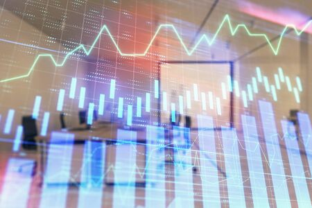 Stock market chart with trading desk bank office interior on background. Double exposure. Concept of financial analysisの写真素材