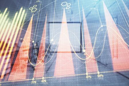 Stock market chart with trading desk bank office interior on background. Double exposure. Concept of financial analysisの写真素材