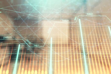 Stock market chart with trading desk bank office interior on background. Double exposure. Concept of financial analysisの写真素材