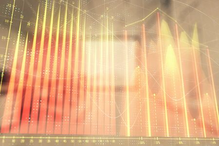 Stock market chart with trading desk bank office interior on background. Double exposure. Concept of financial analysisの写真素材