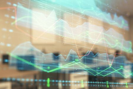 Stock market chart with trading desk bank office interior on background. Double exposure. Concept of financial analysisの写真素材