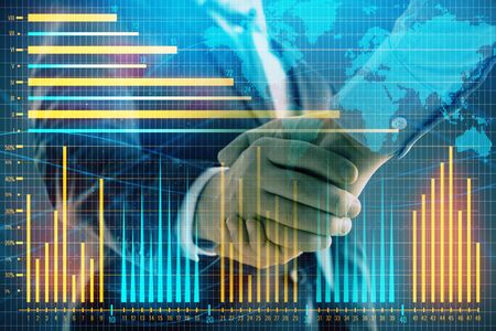 Multi exposure of forex graph and world map on abstract background with two businessmen handshake. Concept of success on international marketsの写真素材