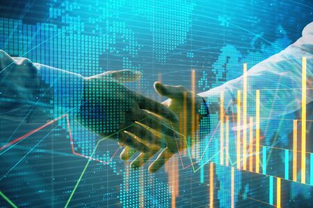 Multi exposure of forex graph and world map on abstract background with two businessmen handshake. Concept of success on international marketsの写真素材