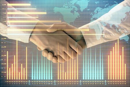 Multi exposure of forex graph and world map on abstract background with two businessmen handshake. Concept of success on international marketsの写真素材