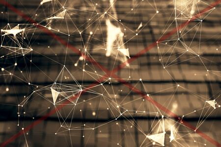 Tech theme hologram and abstract background. Double exposure. Concept technology