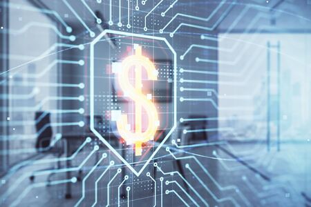 Business theme hologram with minimalistic cabinet background. Double exposure.の写真素材