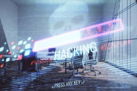 Double exposure of hacking theme hologram on conference room background. Concept of cyberpiracyの写真素材