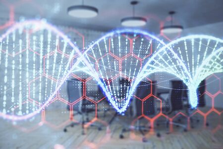 Double exposure of DNA hologram on conference room background. Concept of educationの写真素材