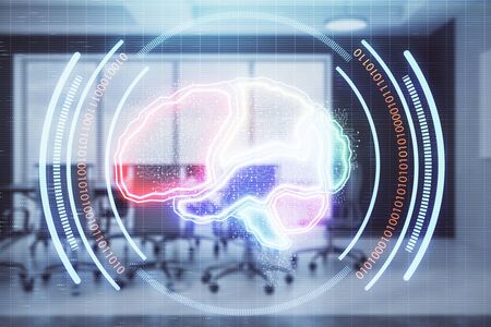 Double exposure of brain drawing hologram on conference room background. Concept of data analysisの写真素材
