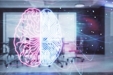 Double exposure of brain drawing hologram on conference room background. Concept of data analysisの写真素材