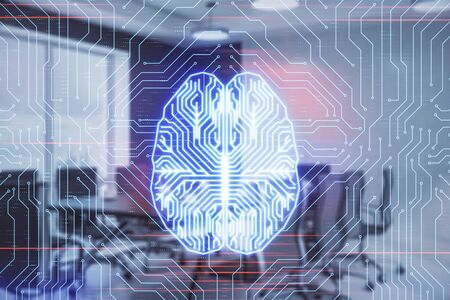 Double exposure of brain drawing hologram on conference room background. Concept of data analysisの写真素材