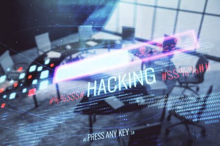 Double exposure of hacking theme hologram on conference room background. Concept of cyber piracyの写真素材