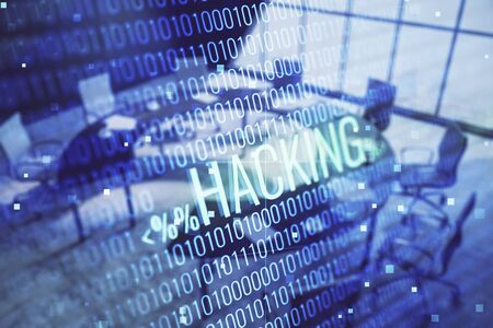 Double exposure of hacking theme hologram on conference room background. Concept of cyber piracyの写真素材