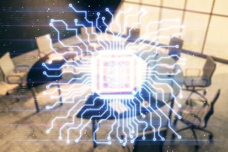 Double exposure of brain drawing hologram on conference room background. Concept of data analysisの写真素材