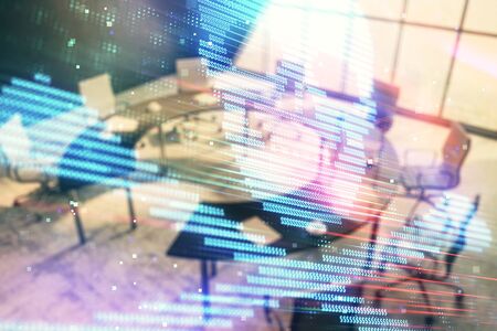 Double exposure of hacking theme hologram on conference room background. Concept of cyber piracyの写真素材