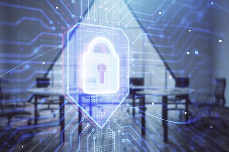 Double exposure of lock icon hologram on conference room background. Concept of cyber securityの写真素材