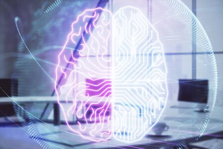Double exposure of brain drawing hologram on conference room background. Concept of data analysisの写真素材