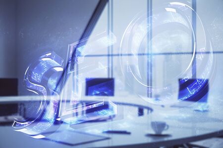 Double exposure of seo hologram on conference room background. Concept of search optimizationの写真素材