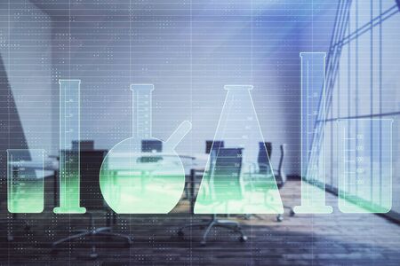 Double exposure of flasks drawing on conference room background. Concept of educationの写真素材
