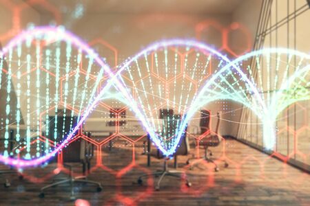 Double exposure of DNA hologram on conference room background. Concept of educationの写真素材