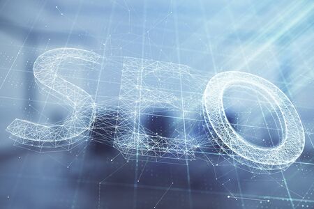 Double exposure of seo hologram on conference room background. Concept of search optimizationの写真素材