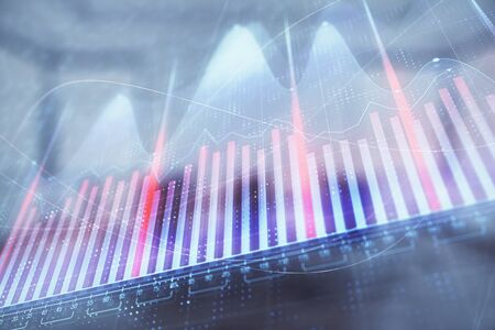 Multi exposure of stock market graph on conference room background. Concept of financial analysisの写真素材