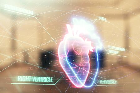 Double exposure of heart hologram on conference room background. Concept of medical educationの写真素材