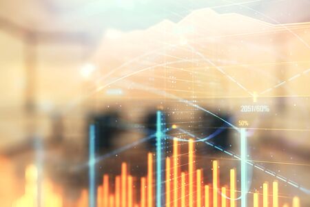 Multi exposure of stock market graph on conference room background. Concept of financial analysisの写真素材