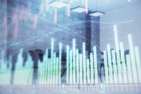 Multi exposure of stock market graph on conference room background. Concept of financial analysisの写真素材