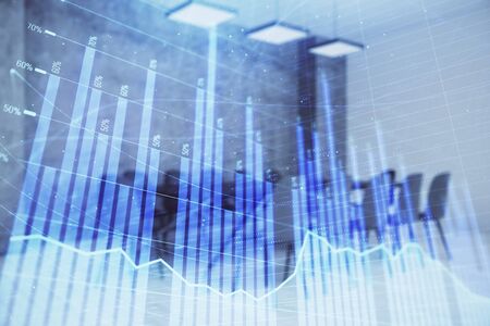 Multi exposure of stock market graph on conference room background. Concept of financial analysisの写真素材