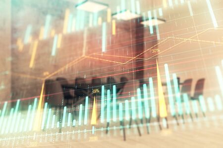 Multi exposure of stock market graph on conference room background. Concept of financial analysisの写真素材