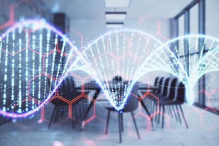 Double exposure of DNA hologram on conference room background. Concept of educationの写真素材