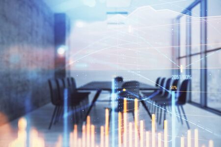 Multi exposure of stock market graph on conference room background. Concept of financial analysisの写真素材