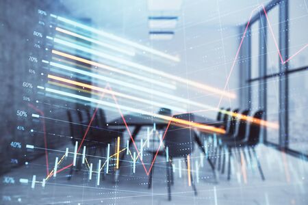 Multi exposure of stock market graph on conference room background. Concept of financial analysisの写真素材