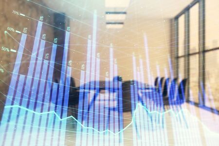 Multi exposure of stock market graph on conference room background. Concept of financial analysisの写真素材