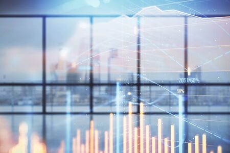 Double exposure of financial chart on empty room interior background. Forex market concept.の写真素材