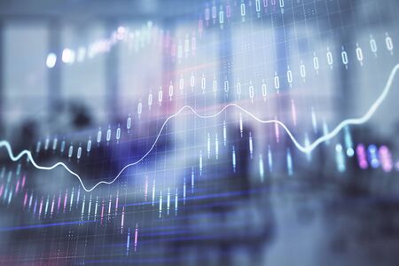 Stock and bond market graph with trading desk bank office interior on background. Multi exposure. Concept of financial analysisの写真素材