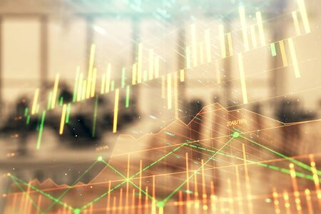 Stock and bond market graph with trading desk bank office interior on background. Multi exposure. Concept of financial analysisの写真素材